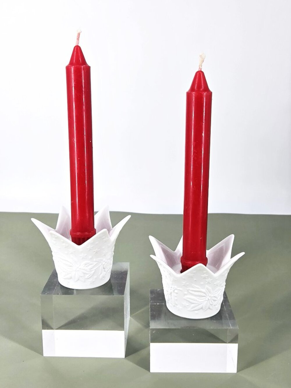 Kaiser Porcelain Bisque VTG 2 Crown Holiday Poinsettia Star Taper Candle Holders